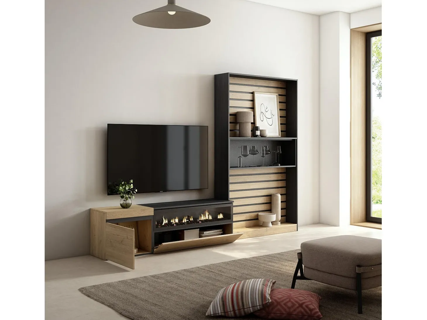 Conjunto de móveis TV, 260x35x186cm, Para televisores até 65", Lareira eléctrica, Carvahlo e preto