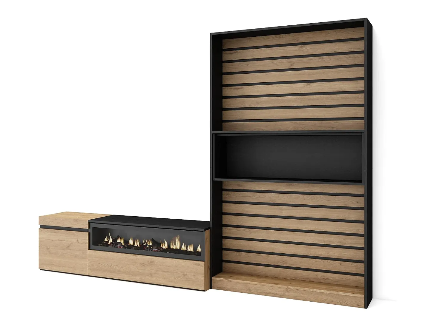 Conjunto de móveis TV, 260x35x186cm, Para televisores até 65", Lareira eléctrica, Carvahlo e preto