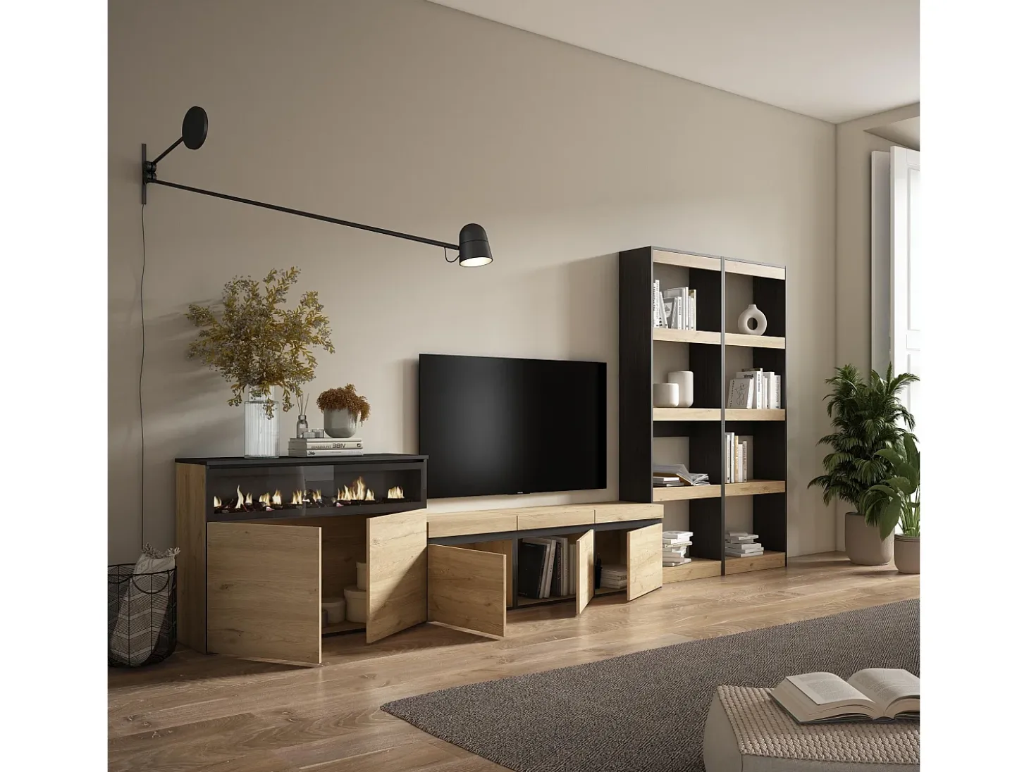 Conjunto de móveis TV, 370x35x186cm, Para televisores até 65", Lareira eléctrica, Carvahlo e preto
