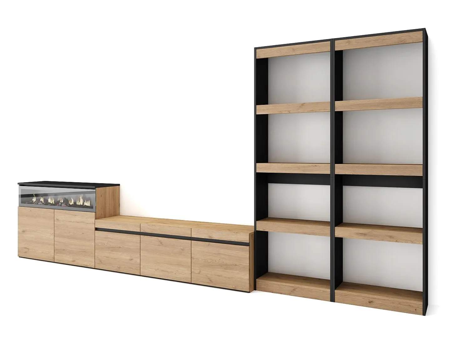 Conjunto de móveis TV, 370x35x186cm, Para televisores até 65", Lareira eléctrica, Carvahlo e preto