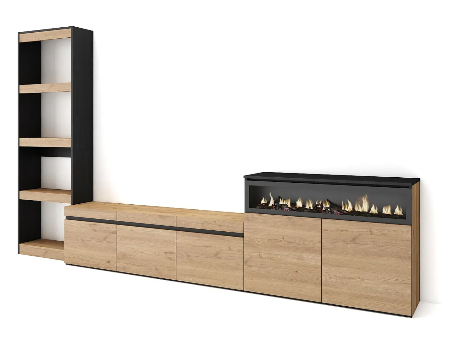 Conjunto de móveis TV, 310x35x186cm, Para televisores até 65", Lareira eléctrica, Carvahlo e preto
