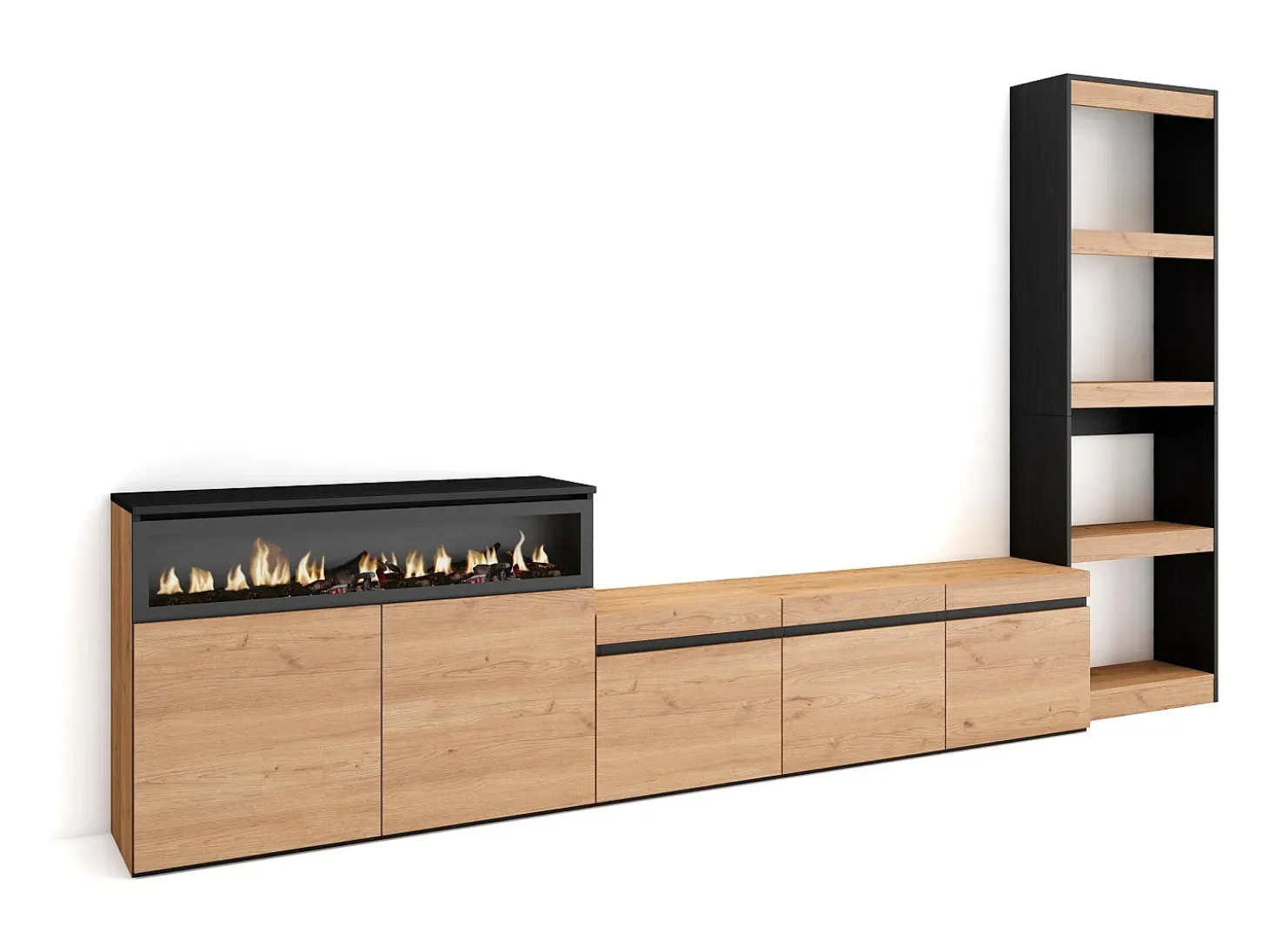 Conjunto de móveis TV, 310x35x186cm, Para televisores até 65", Lareira eléctrica, Carvahlo e preto