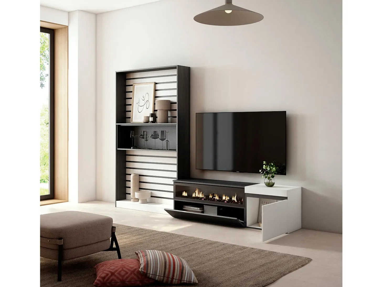 Conjunto de móveis TV, 260x35x186cm, Para televisores até 65", Lareira eléctrica, Branco e preto