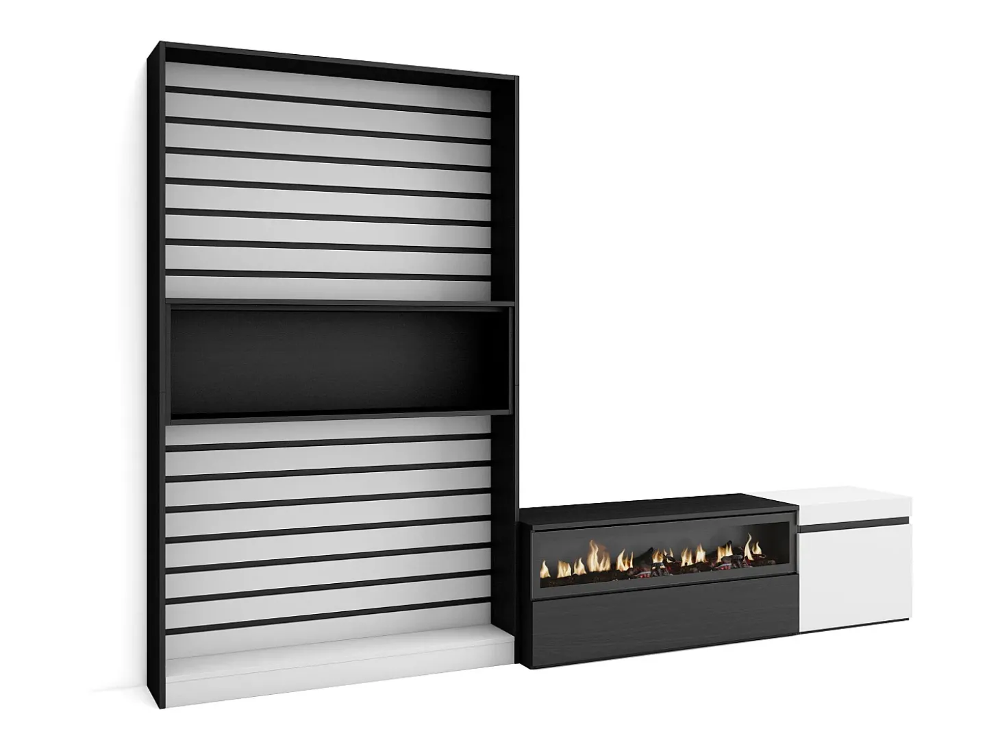 Conjunto de móveis TV, 260x35x186cm, Para televisores até 65", Lareira eléctrica, Branco e preto