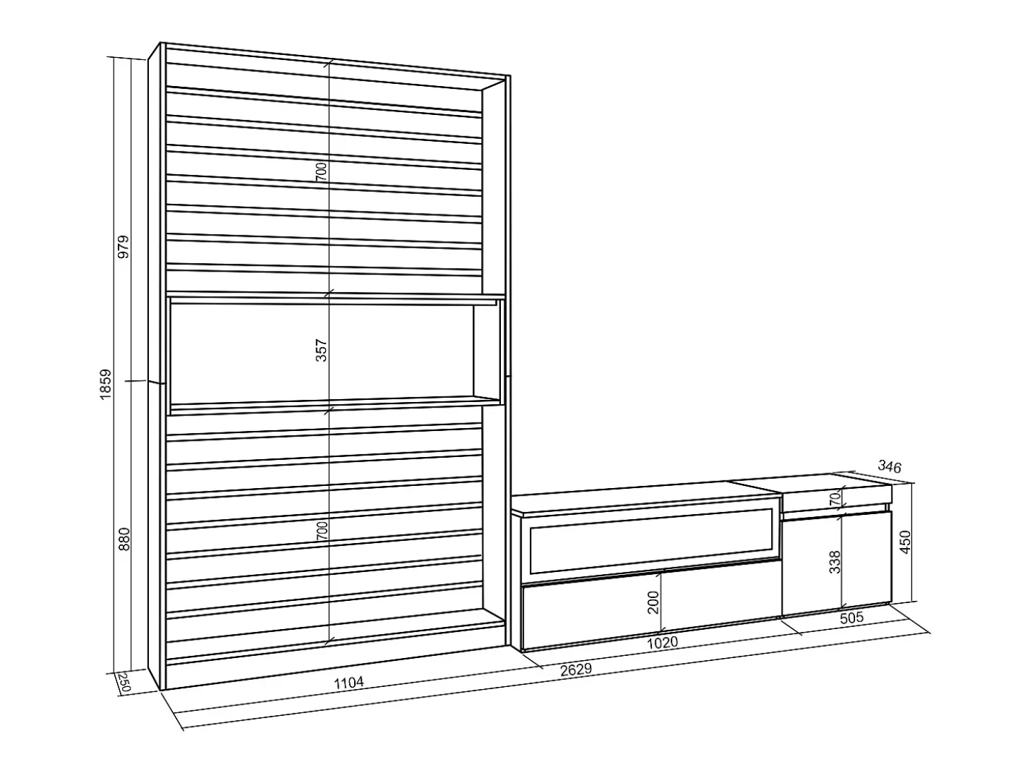 Conjunto de móveis TV, 260x35x186cm, Para televisores até 65", Lareira eléctrica, Branco e preto