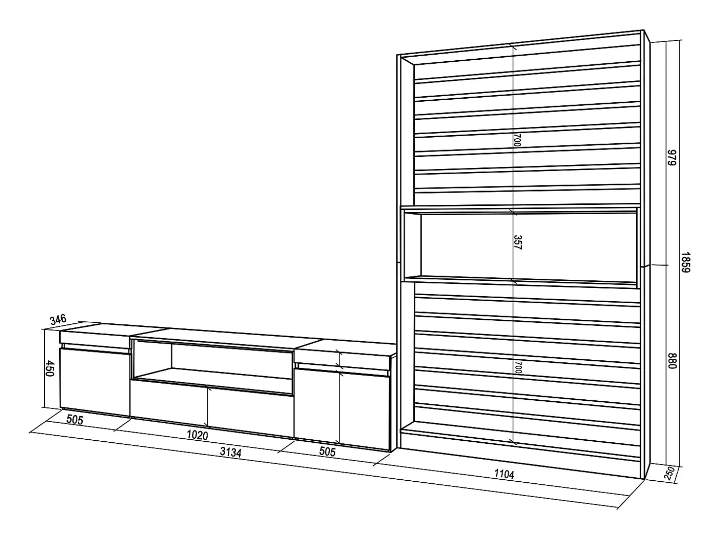 Conjunto de móveis TV, 310x35x186cm, Para televisores até 80", Estante para TV, Branco e preto
