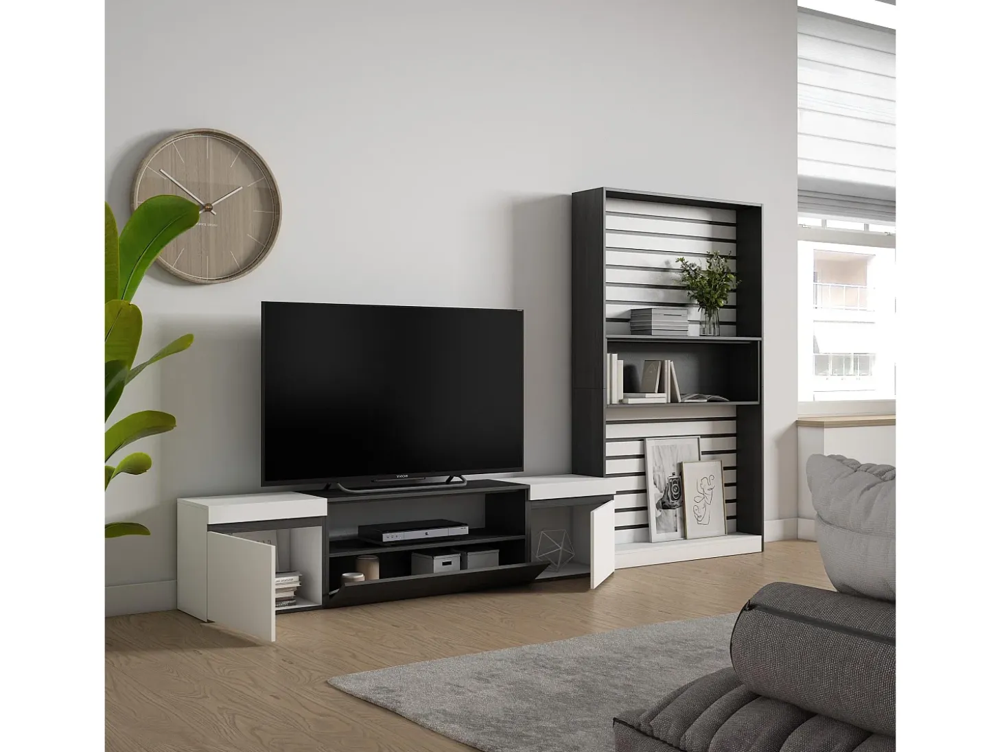 Conjunto de móveis TV, 310x35x186cm, Para televisores até 80", Estante para TV, Branco e preto