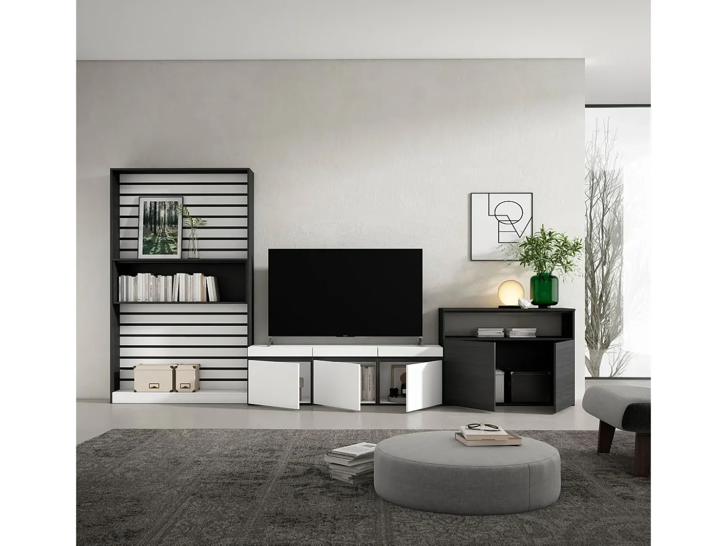 Conjunto de móveis TV, 360x35x186cm, Para televisores até 65", Estante para TV, Branco e preto