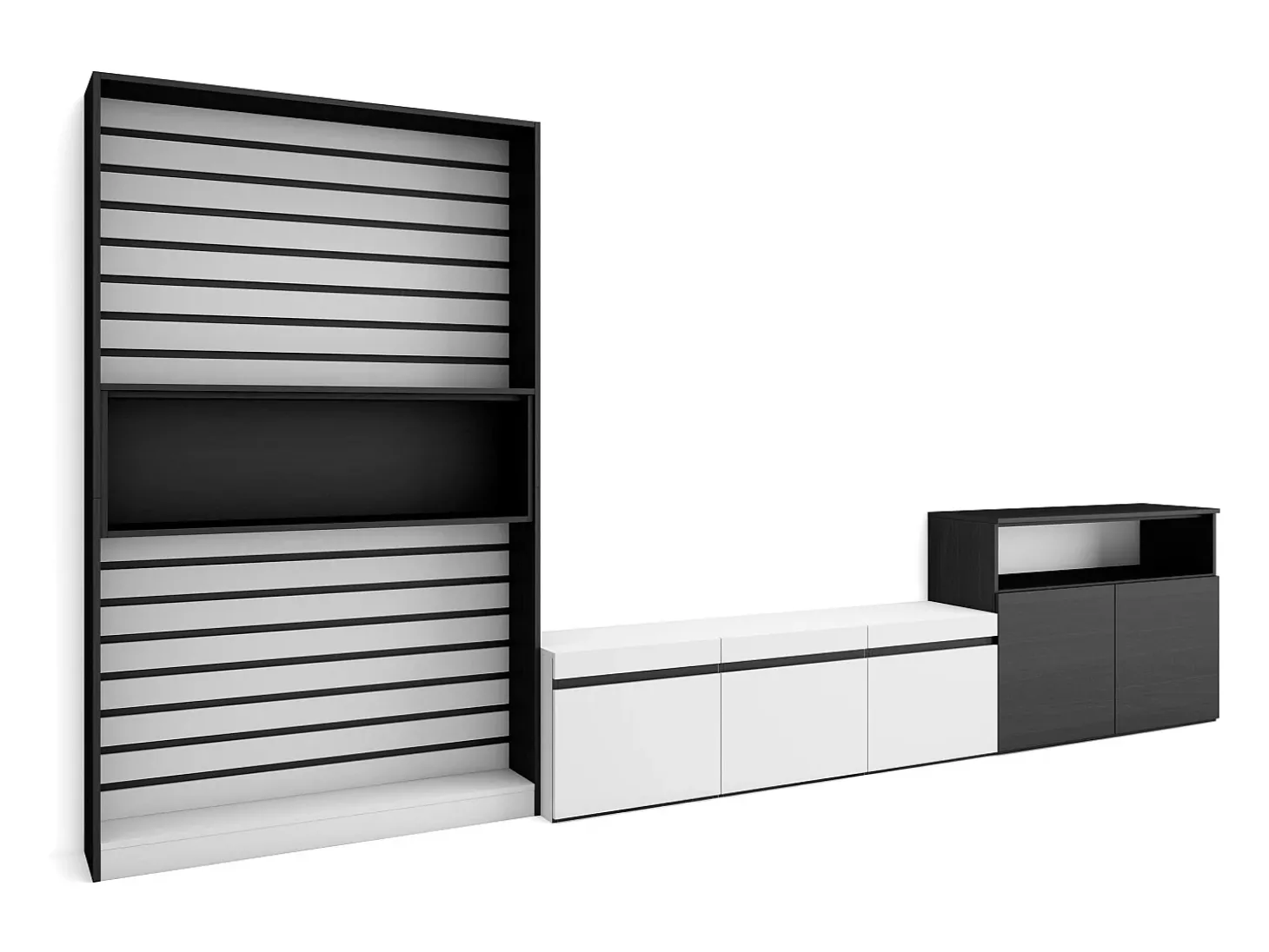 Conjunto de móveis TV, 360x35x186cm, Para televisores até 65", Estante para TV, Branco e preto