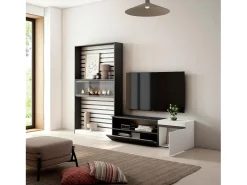 Conjunto de móveis TV, 260x35x186cm, Para televisores até 65", Lareira eléctrica, Branco e preto