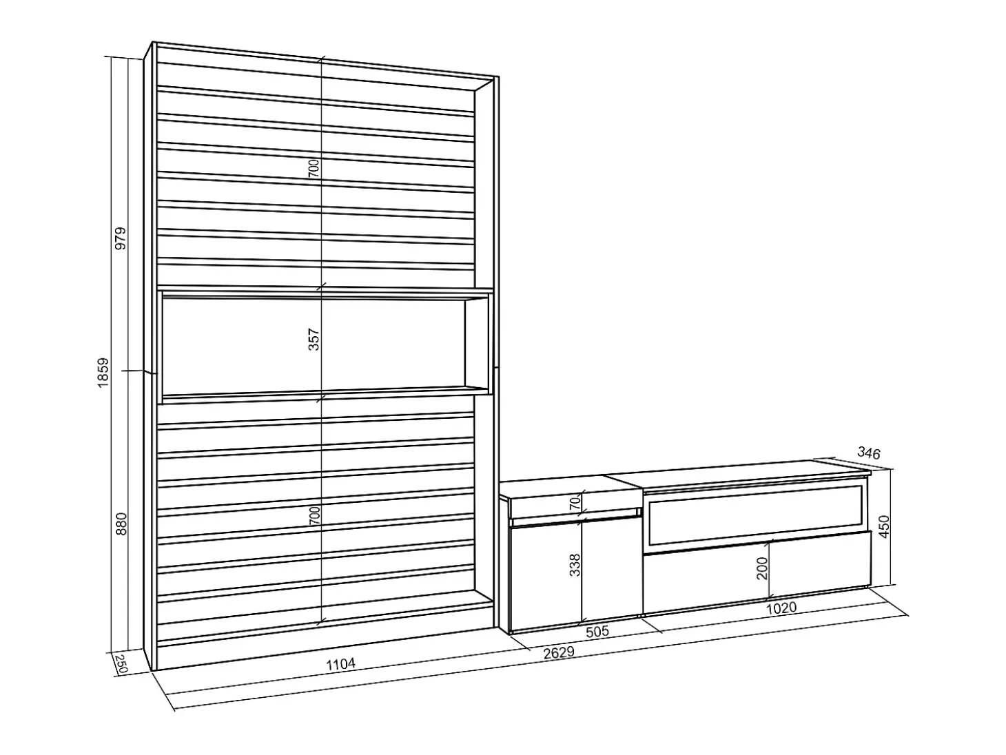 Conjunto de móveis TV, 260x35x186cm, Para televisores até 65", Lareira eléctrica, Carvahlo e preto
