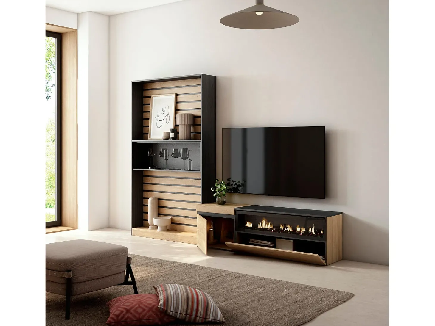 Conjunto de móveis TV, 260x35x186cm, Para televisores até 65", Lareira eléctrica, Carvahlo e preto