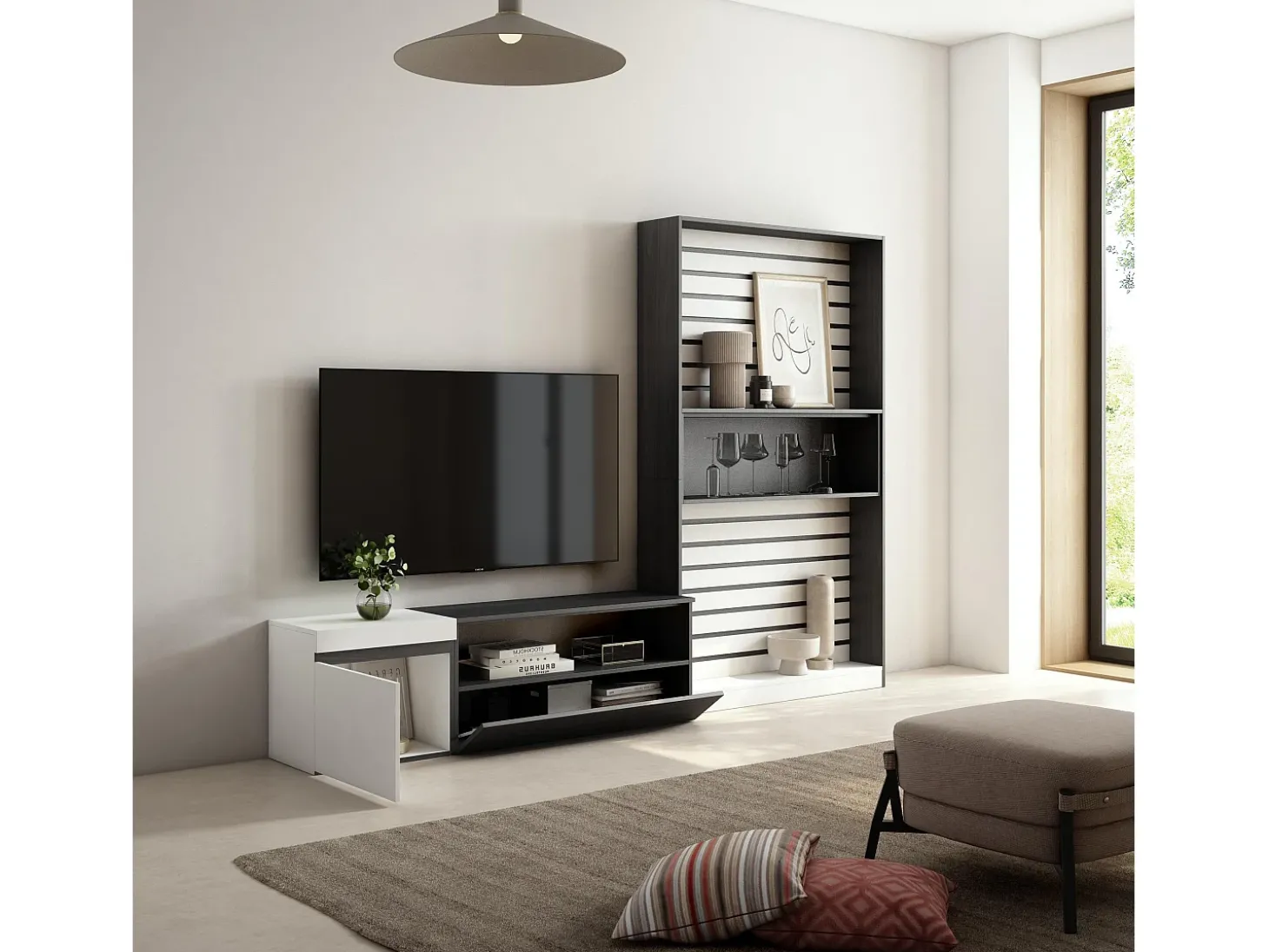 Conjunto de móveis TV, 260x35x186cm, Para televisores até 65", Estante para TV, Branco e preto