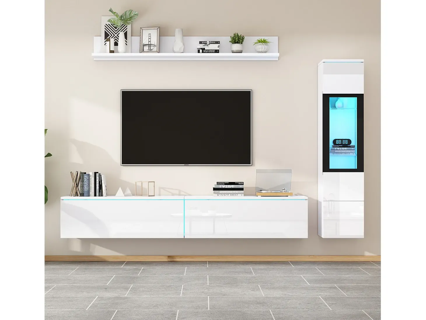Conjunto de móvel de TV 3 peças - Móvel de TV + vitrina de parede + prateleira de parede - con iluminação LED - Branco