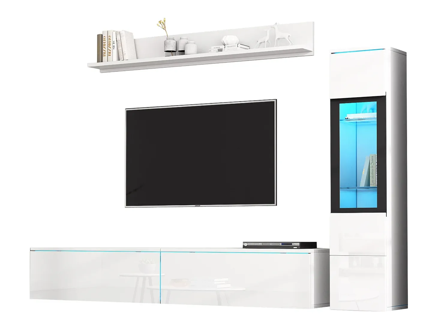 Conjunto de móvel de TV 3 peças - Móvel de TV + vitrina de parede + prateleira de parede - con iluminação LED - Branco