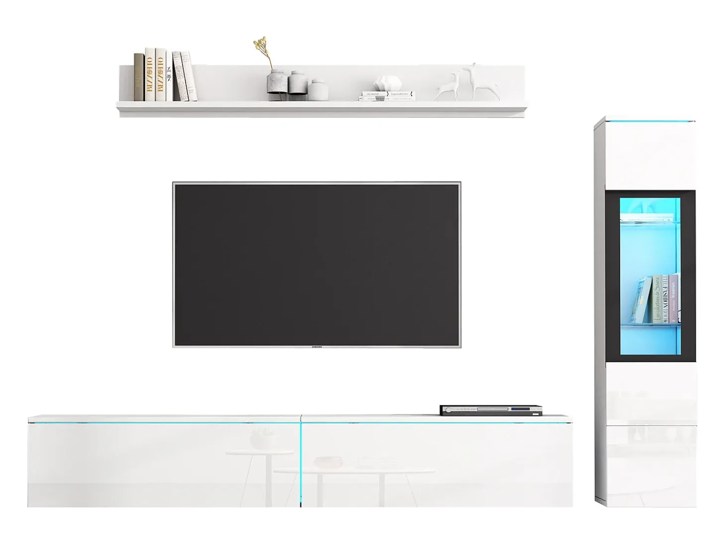 Conjunto de móvel de TV 3 peças - Móvel de TV + vitrina de parede + prateleira de parede - con iluminação LED - Branco