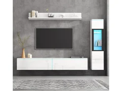 Conjunto de móvel de TV 3 peças - Móvel de TV + vitrina de parede + prateleira de parede - con iluminação LED - Branco