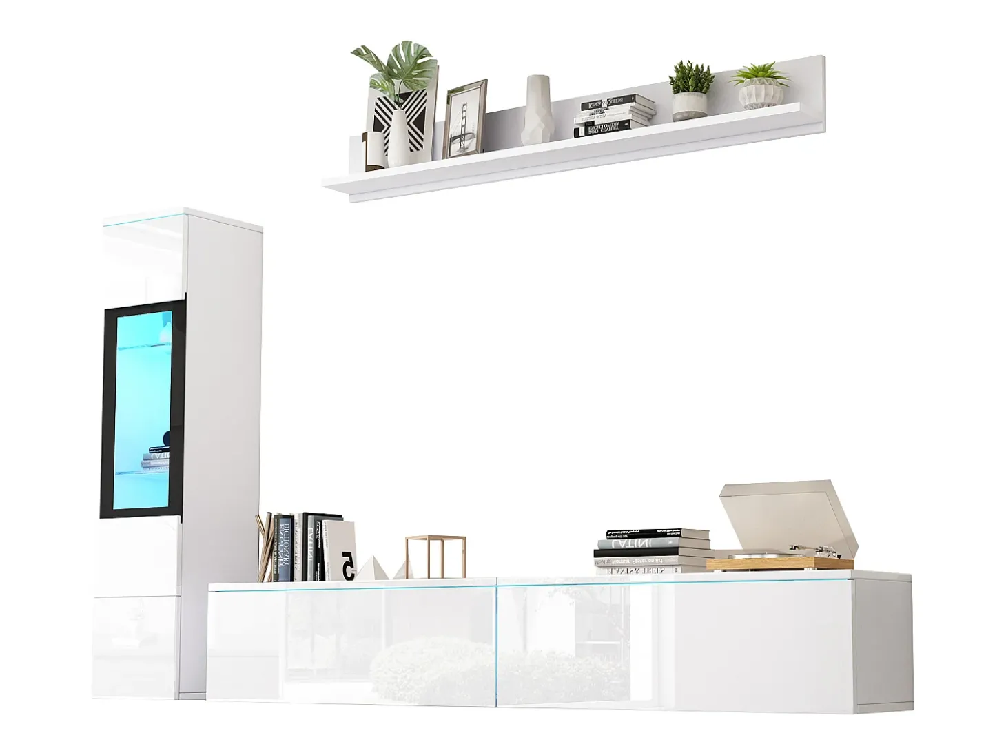 Conjunto de móvel de TV 3 peças - Móvel de TV + vitrina de parede + prateleira de parede - con iluminação LED - Branco