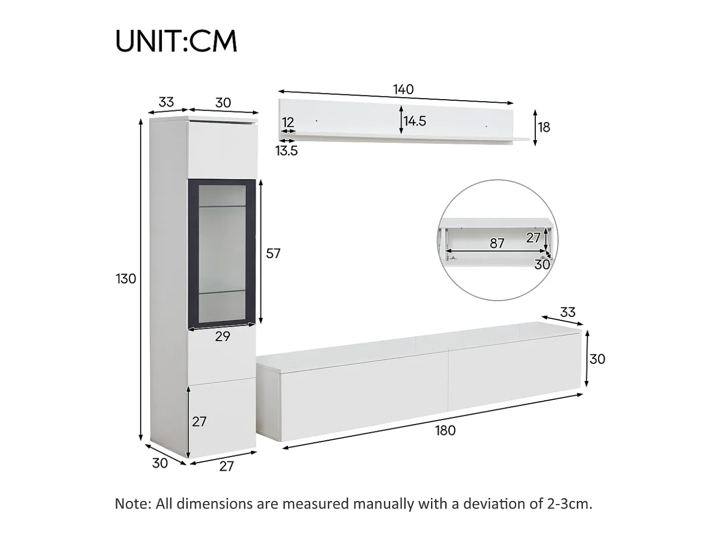 Conjunto de móvel de TV 3 peças - Móvel de TV + vitrina de parede + prateleira de parede - con iluminação LED - Branco