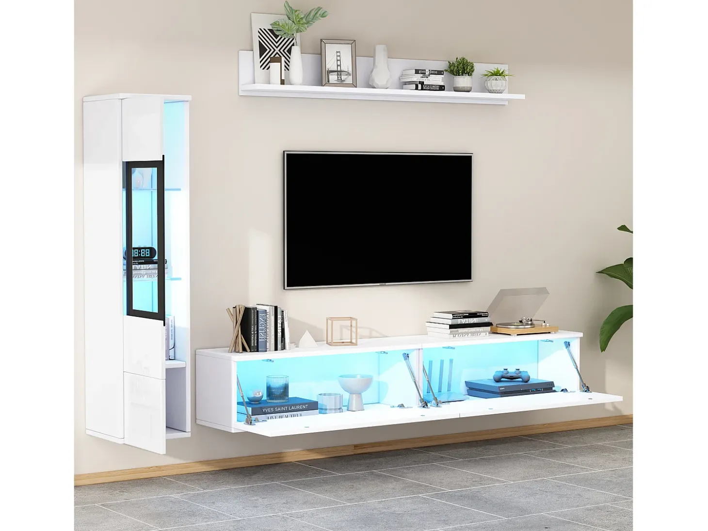 Conjunto de móvel de TV 3 peças - Móvel de TV + vitrina de parede + prateleira de parede - con iluminação LED - Branco