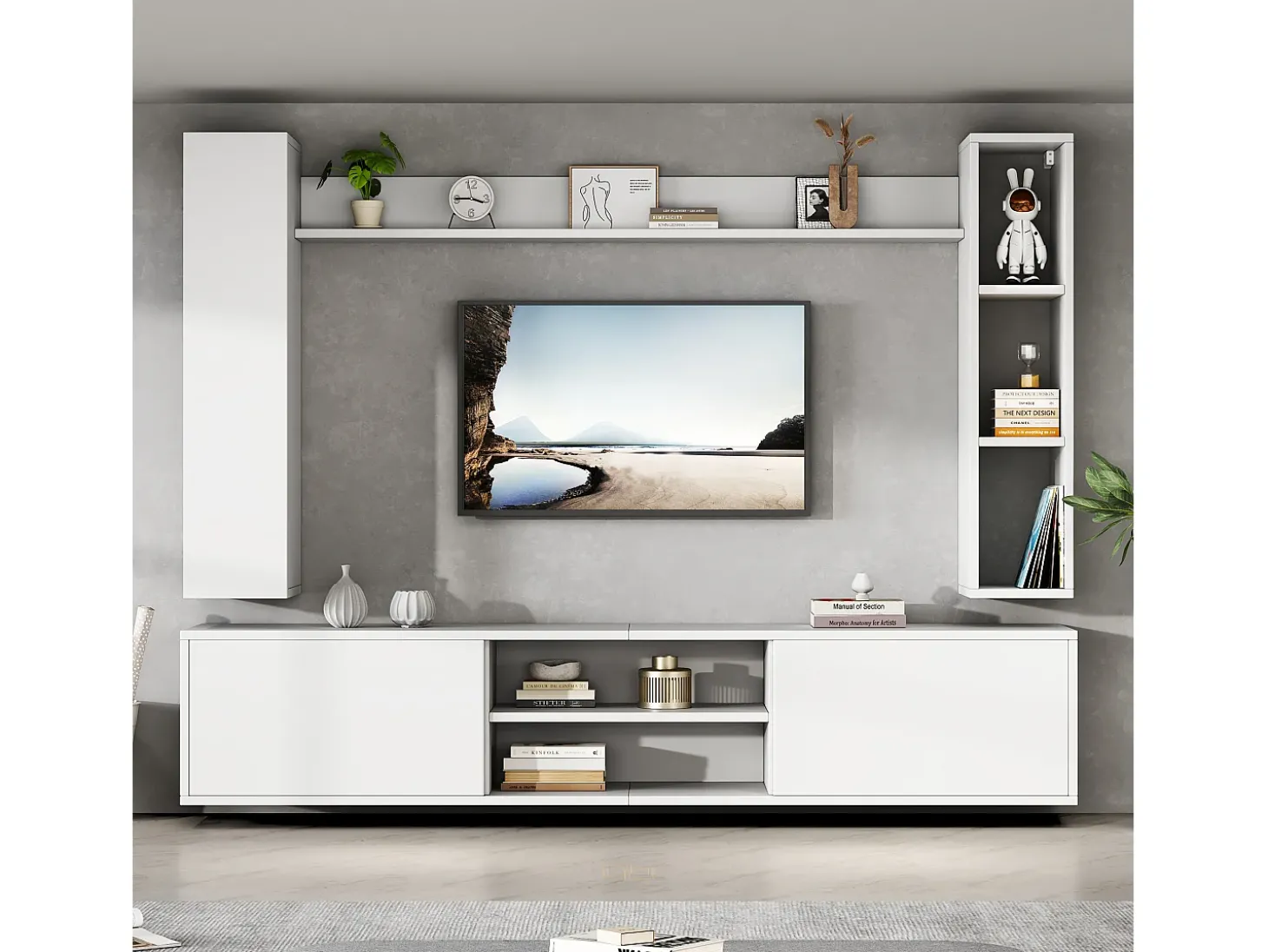 Conjunto de móvel para TV 4 peças - móvel para TV + 2 móveis de parede + prateleira de parede - 1 porta e 2 portas basculantes - branco