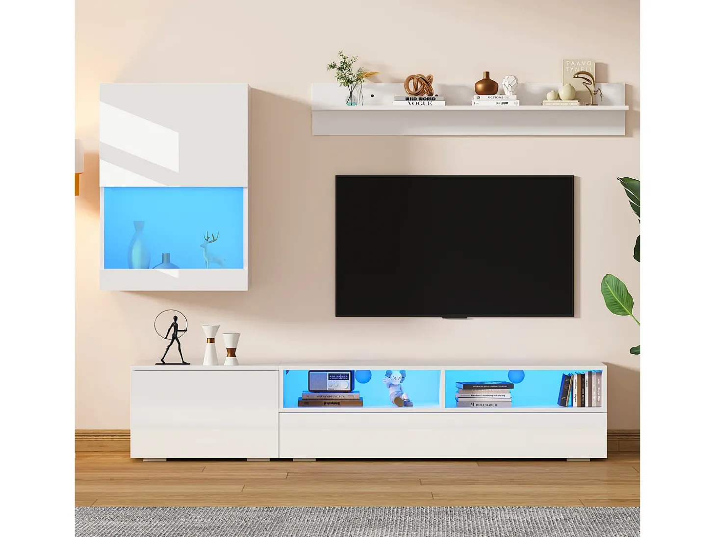Conjunto de móvel para TV 3 peças - móvel para TV + móvel de parede + prateleira de parede - com iluminação LED e acabamento brilhante - branco