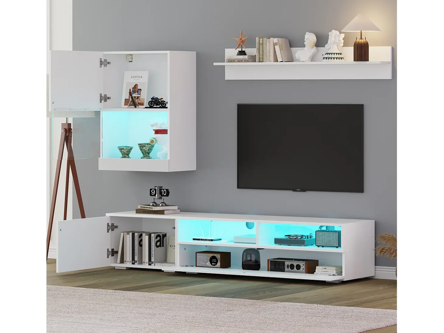 Conjunto de móvel para TV 3 peças - móvel para TV + móvel de parede + prateleira de parede - com iluminação LED e acabamento brilhante - branco