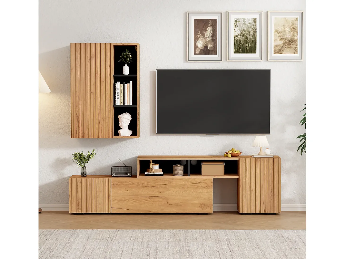 Conjunto de móvel para TV 2 peças - móvel para TV ajustável + móvel de parede - 4 portas - prateleiras abertas - natural+preto