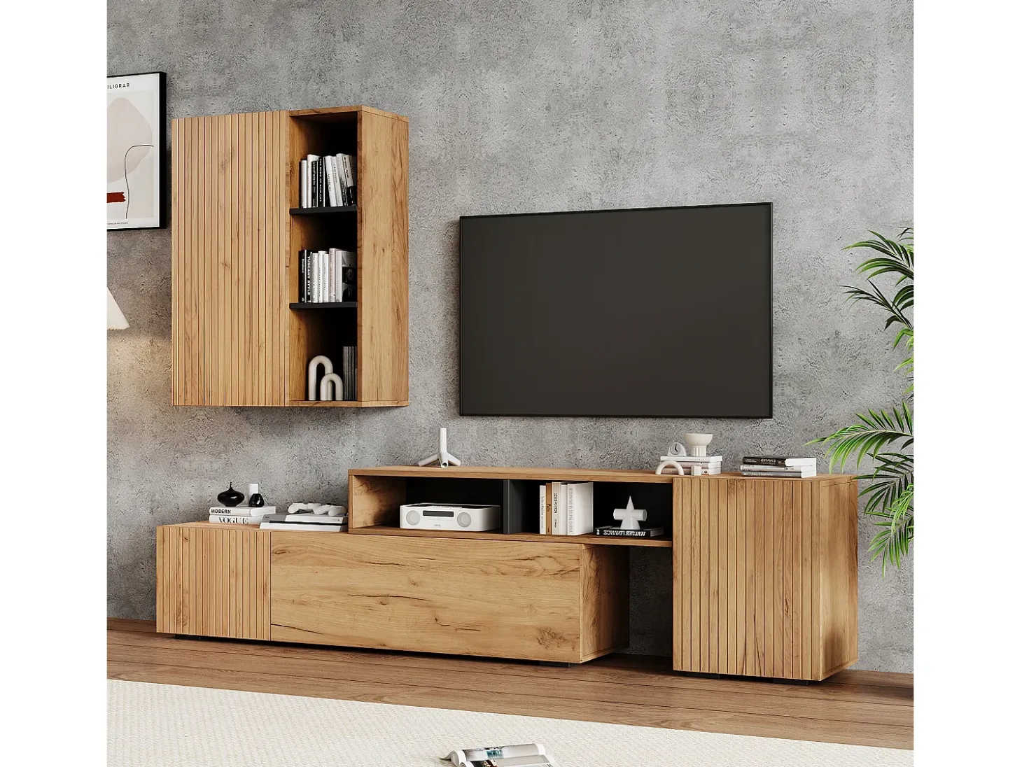 Conjunto de móvel para TV 2 peças - móvel para TV ajustável + móvel de parede - 4 portas - prateleiras abertas - natural+preto