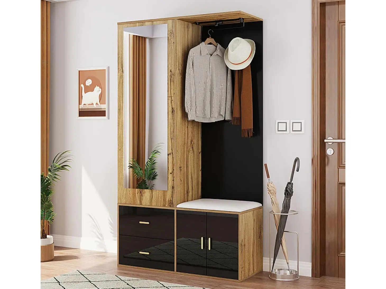 Conjunto de roupeiro elegante em preto e madeira crua com espelho, sapateira, banco para sapatos com ganchos e cabides deslizantes
