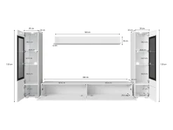 Conjunto de sala com LED 4 elementos – móvel de TV 180 cm, 2 vitrinas e prateleira, de chão ou suspenso, corpo carvalho Wotan, frentes branco brilho