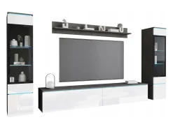 Conjunto de sala com LED 4 elementos – móvel de TV 180 cm, 2 vitrinas e prateleira, de chão ou suspenso, corpo antracite, frentes branco brilho