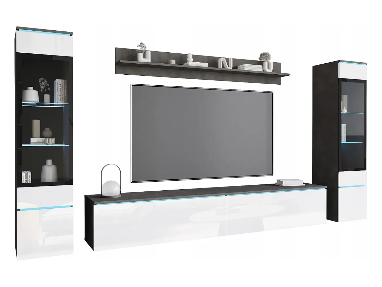Conjunto de sala com LED 4 elementos – móvel de TV 180 cm, 2 vitrinas e prateleira, de chão ou suspenso, corpo antracite, frentes branco brilho