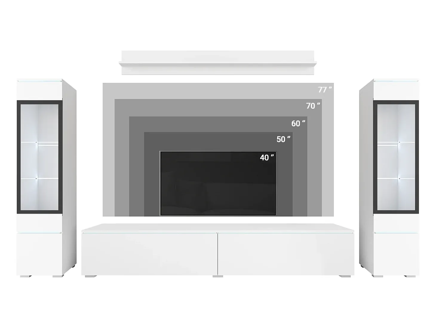 Conjunto de sala com LED 4 elementos – móvel de TV 180 cm, 2 vitrinas e prateleira, de chão ou suspenso, corpo antracite, frentes branco brilho