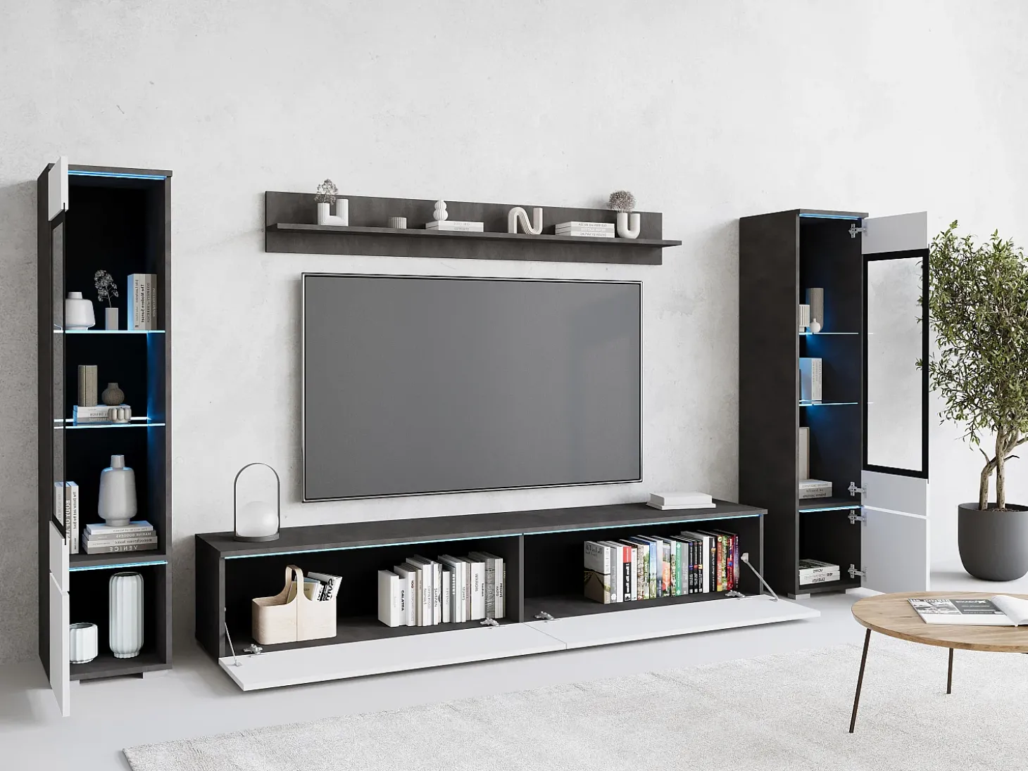 Conjunto de sala com LED 4 elementos – móvel de TV 180 cm, 2 vitrinas e prateleira, de chão ou suspenso, corpo antracite, frentes branco brilho