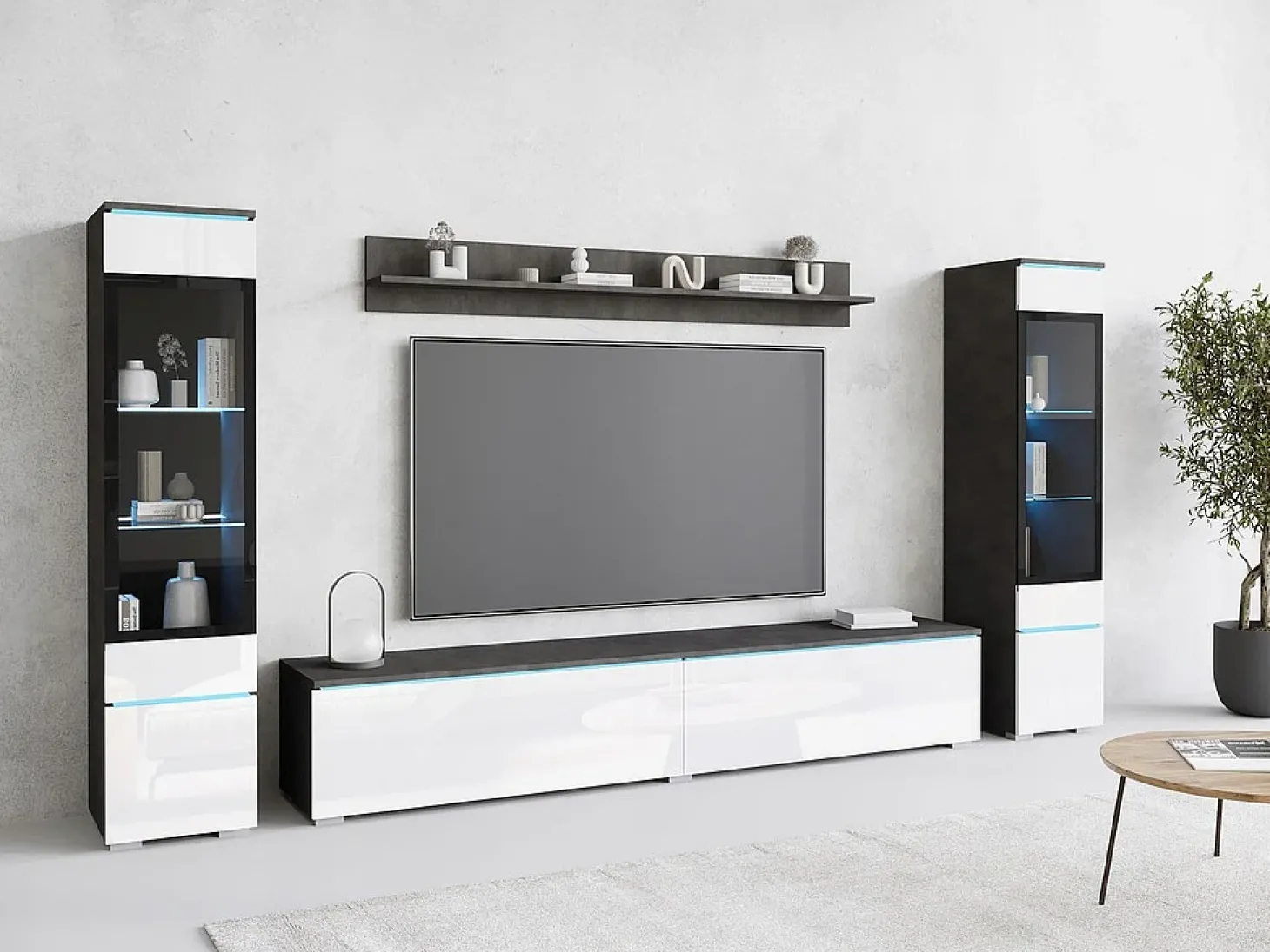 Conjunto de sala com LED 4 elementos – móvel de TV 180 cm, 2 vitrinas e prateleira, de chão ou suspenso, corpo antracite, frentes branco brilho