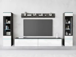 Conjunto de sala com LED 4 elementos – móvel de TV 180 cm, 2 vitrinas e prateleira, de chão ou suspenso, corpo antracite, frentes branco brilho
