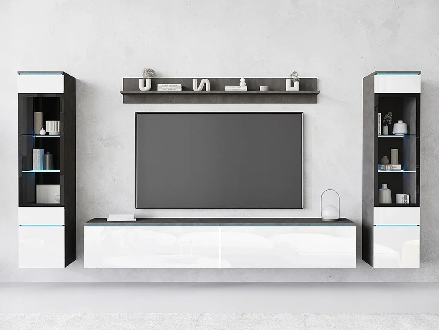 Conjunto de sala com LED 4 elementos – móvel de TV 180 cm, 2 vitrinas e prateleira, de chão ou suspenso, corpo antracite, frentes branco brilho