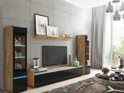 Conjunto de sala com LED 4 elementos – móvel de TV 180 cm, 2 vitrinas e prateleira, de chão ou suspenso, corpo carvalho Wotan, frentes preto brilho