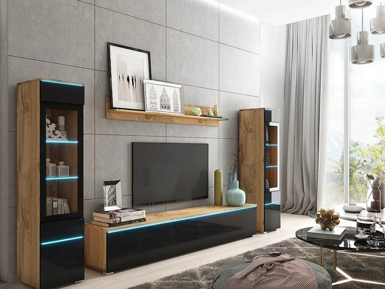 Conjunto de sala com LED 4 elementos – móvel de TV 180 cm, 2 vitrinas e prateleira, de chão ou suspenso, corpo carvalho Wotan, frentes preto brilho
