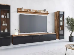 Conjunto de sala com LED 4 elementos – móvel de TV 180 cm, 2 vitrinas e prateleira, de chão ou suspenso, corpo carvalho Wotan, frentes preto brilho