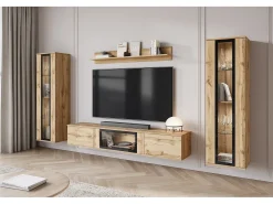 Conjunto de sala moderno com LED mate 2 vitrinas e móvel de TV 180 cm carvalho wotan