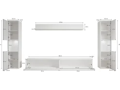Conjunto de sala moderno 4 peças com LED, mate, 2 colunas, móvel TV 180 cm e prateleira carvalho wotan
