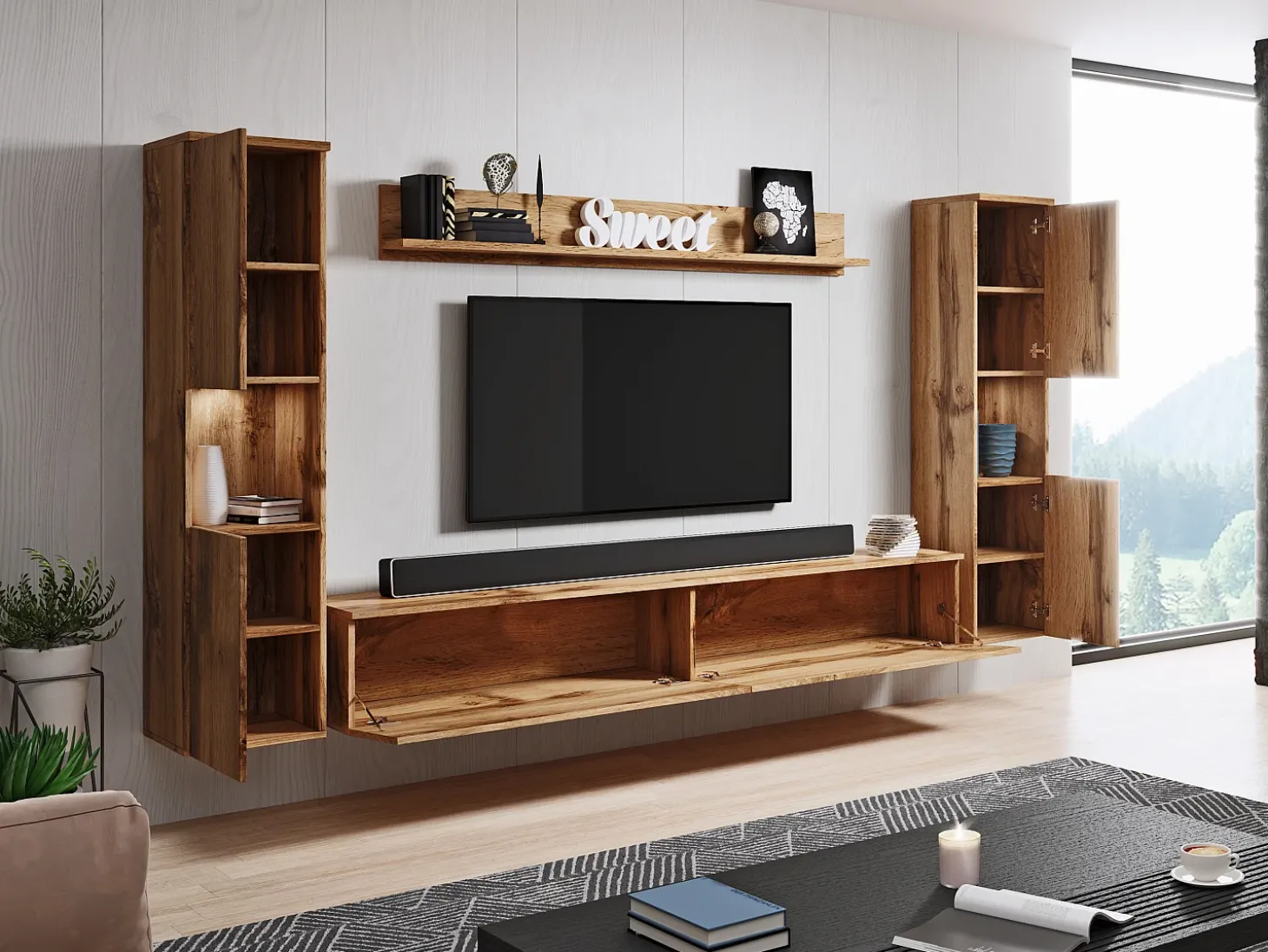 Conjunto de sala moderno 4 peças com LED, mate, 2 colunas, móvel TV 180 cm e prateleira carvalho wotan
