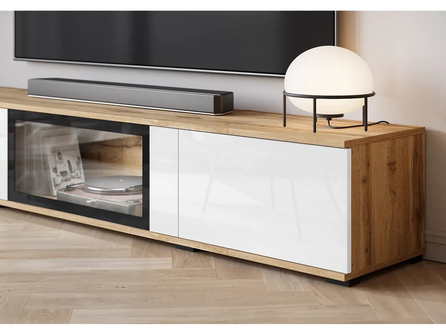 Conjunto de sala moderno com LED 2 vitrinas e móvel de TV 180 cm corpo carvalho wotan frentes branco brilho