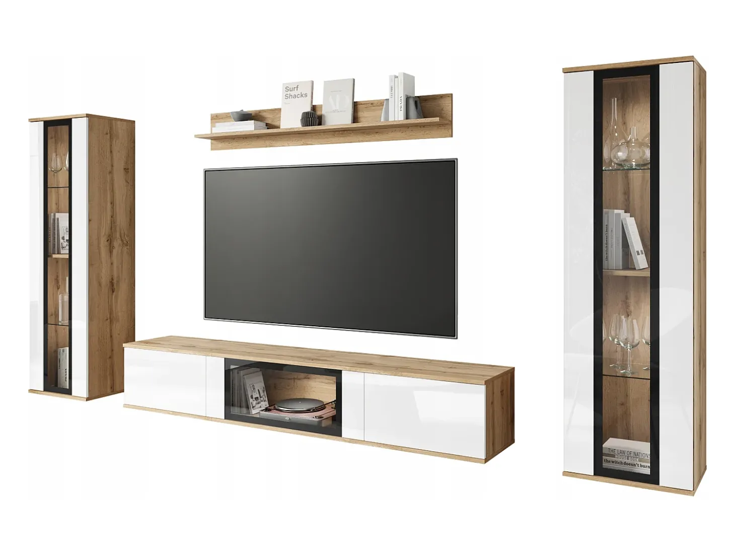 Conjunto de sala moderno com LED 2 vitrinas e móvel de TV 180 cm corpo carvalho wotan frentes branco brilho