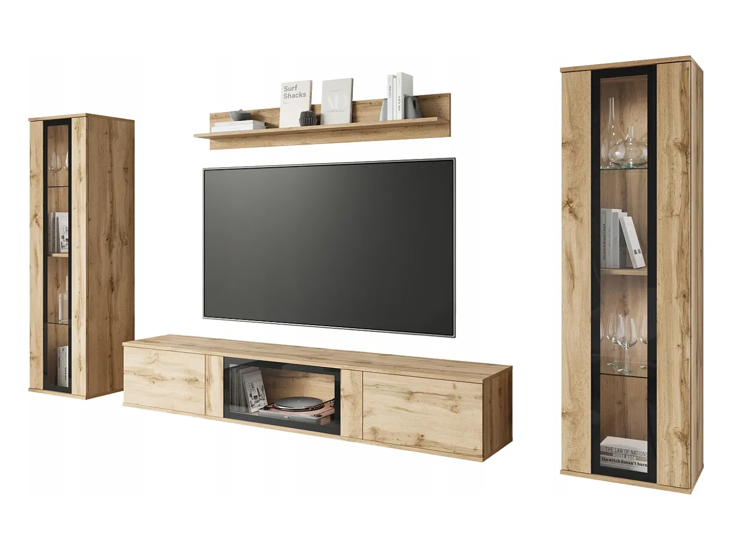 Conjunto de sala moderno – acabamento mate, 2 vitrinas e móvel de TV 180 cm carvalho Wotan
