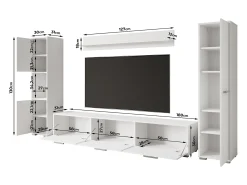 Conjunto de sala moderno – conjunto suspenso e de chão, móvel TV 180 cm, 2 colunas, prateleira, corpo Matera mate frentes branco brilho