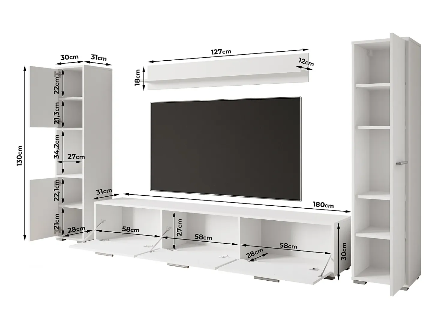 Conjunto de sala moderno – conjunto suspenso e de chão, móvel TV 180 cm, 2 colunas, prateleira, corpo Matera mate frentes branco brilho