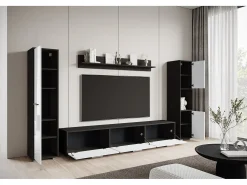 Conjunto de sala moderno – conjunto suspenso e de chão, móvel TV 180 cm, 2 colunas, prateleira, corpo Matera mate frentes branco brilho